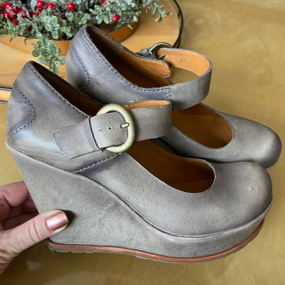 Kork-Ease Metallic Gray Wedge Mary Janes